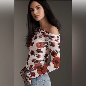 AFRM Floral Off-Shoulder Long Sleeve Top - Red and White